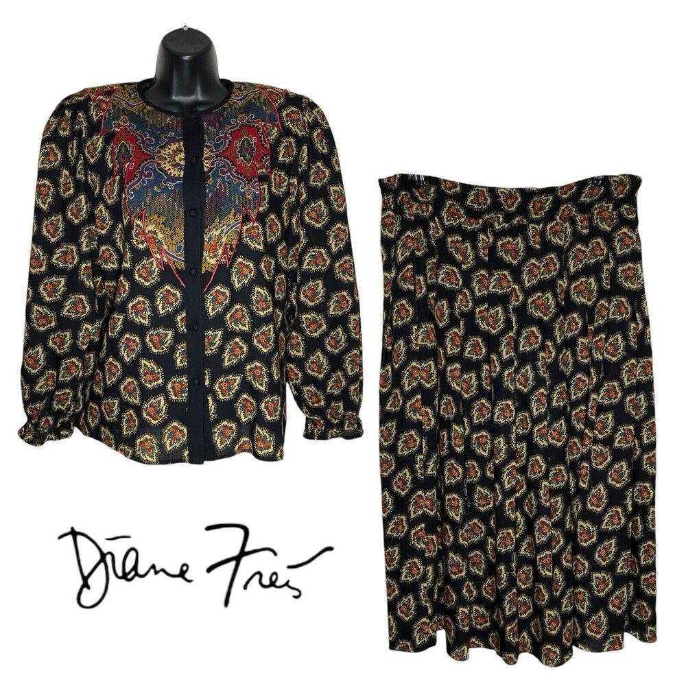 Vtg Diane Freis Top/Skirt Wool Cottagecore Romantic Floral Bohemian 2 Piece Set
